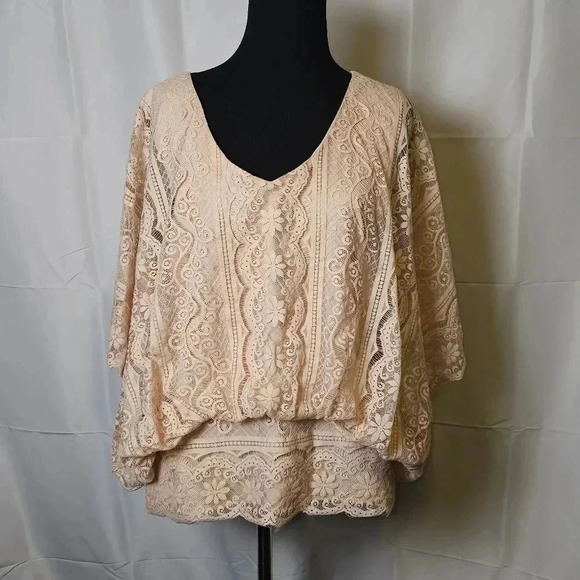 Beyond Vintage lace vneck peach blouse‎ - Picture 2 of 13